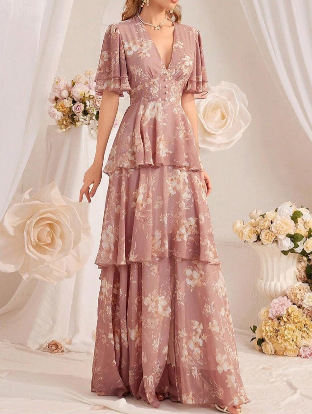 Floral Tiered Maxi Dress in Dusty Rose XXL